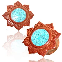 Organic Flower Sawo Wood Double Flared Ear Plugs Gauges With Turquoise Inlayed