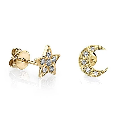 Pair 925 Sterling Silver Gold Plated Crescent Moon & Star Minimal Earrings