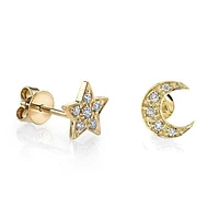 Pair 925 Sterling Silver Gold Plated Crescent Moon & Star Minimal Earrings