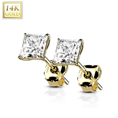 Pair Of 14KT Solid White Gold Square Clawed White CZ Stud Earrings