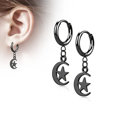 Pair Of 316L Surgical Steel Black PVD Thin Hoop Earrings With Dangling Moon & Star