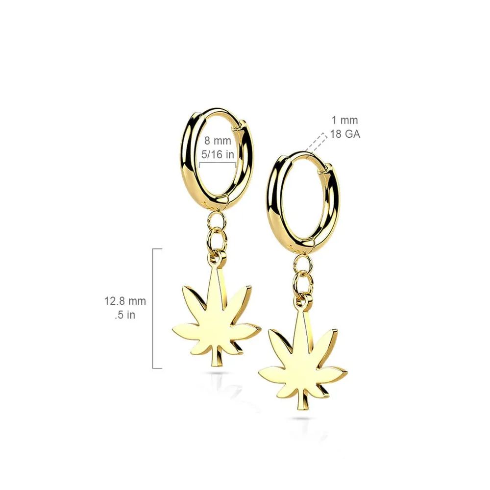 Pair Of 316L Surgical Steel Gold PVD Thin Hoop Earrings With Dangling Weed Leaf