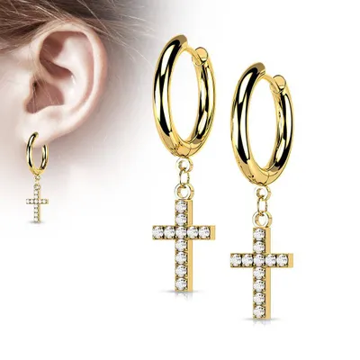 Pair Of 316L Surgical Steel Gold PVD White CZ Cross Dangle Hoop Earrings