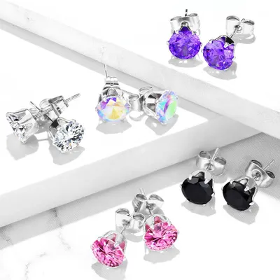 Pair of 316L Surgical Steel Prong Set CZ Circle Round Stud Earrings