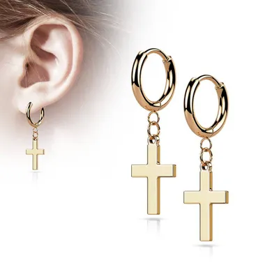 Pair Of 316L Surgical Steel Rose Gold PVD Thin Hoop Earrings With Dangling Cross