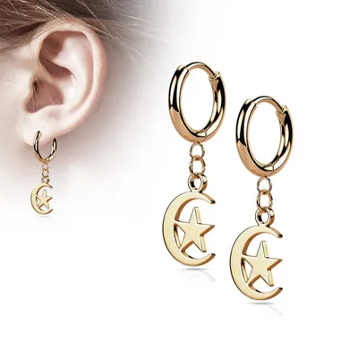 Pair Of 316L Surgical Steel Rose Gold PVD Thin Hoop Earrings With Dangling Moon & Star