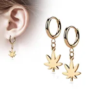 Pair Of 316L Surgical Steel Rose Gold PVD Thin Hoop Earrings With Dangling Weed Leaf