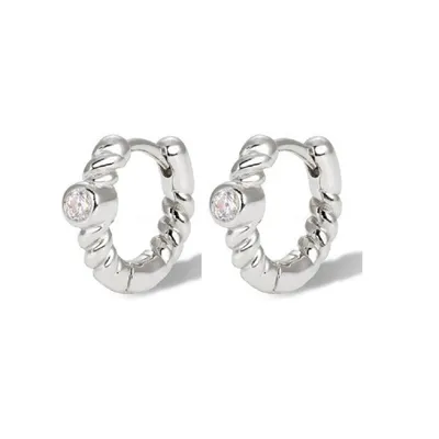 Pair of 925 Sterling Silver Braided Diamond CZ Gem Minimal Hoop Earrings
