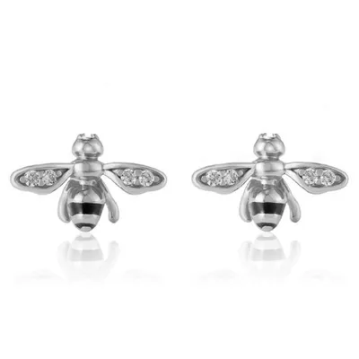Pair of 925 Sterling Silver Bumble Bee Minimal Stud Earrings With White CZ Wings