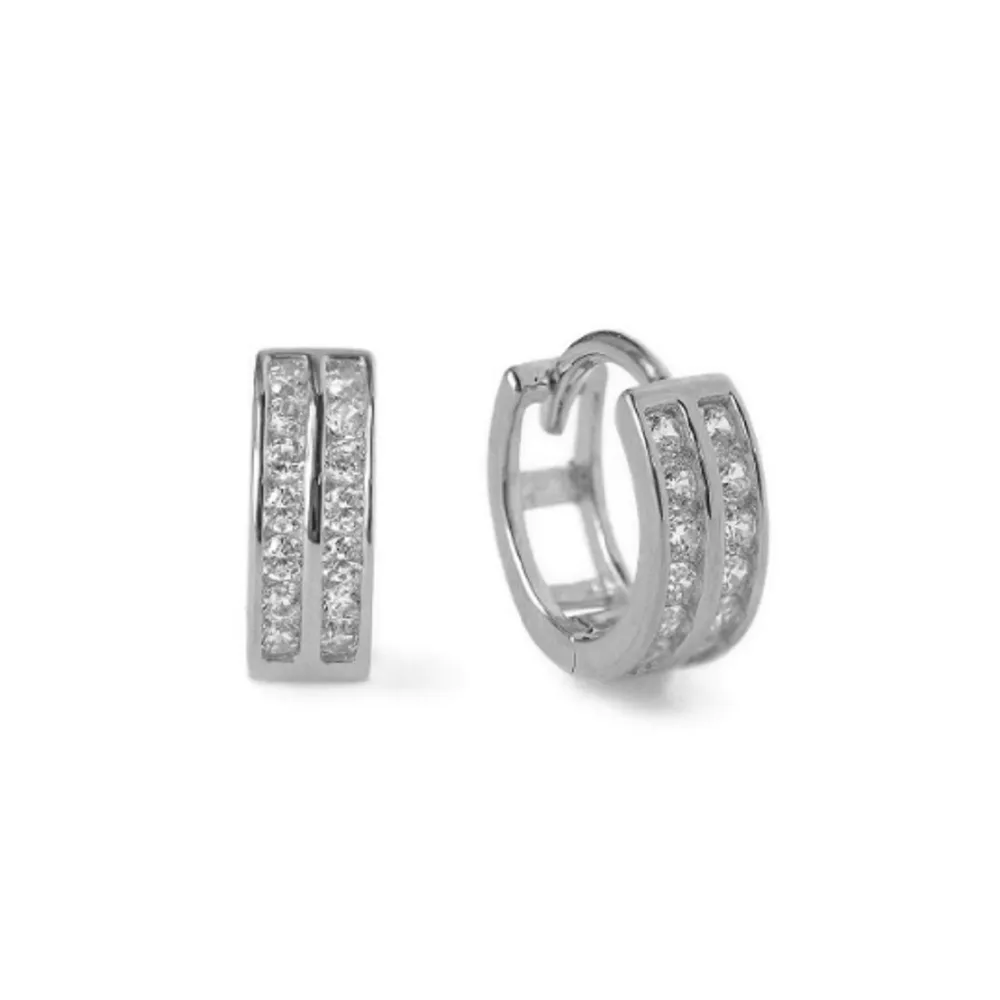 Pair of 925 Sterling Silver Double Row White CZ Minimal Hinged Huggy Hoop Earrings