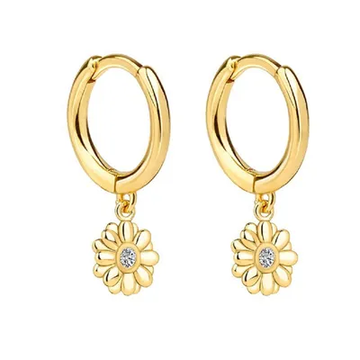 Pair of 925 Sterling Silver Gold PVD Daisy Flower Dangle Minimal Hoop Earrings