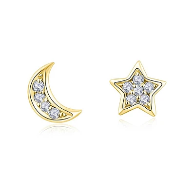 Pair of 925 Sterling Silver Gold PVD White CZ Star & Moon Minimal Earrings