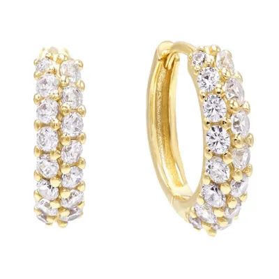 Pair of 925 Sterling Silver Gold PVD Minimal Women's Double Row White CZ Hinged Clicker Hoop Earrings