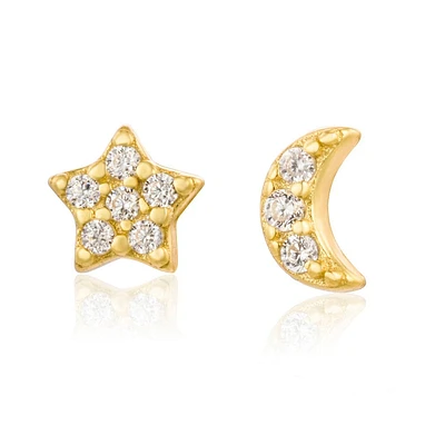 Pair of 925 Sterling Silver Gold PVD Tiny Dainty White CZ Star & Moon Minimal Earrings