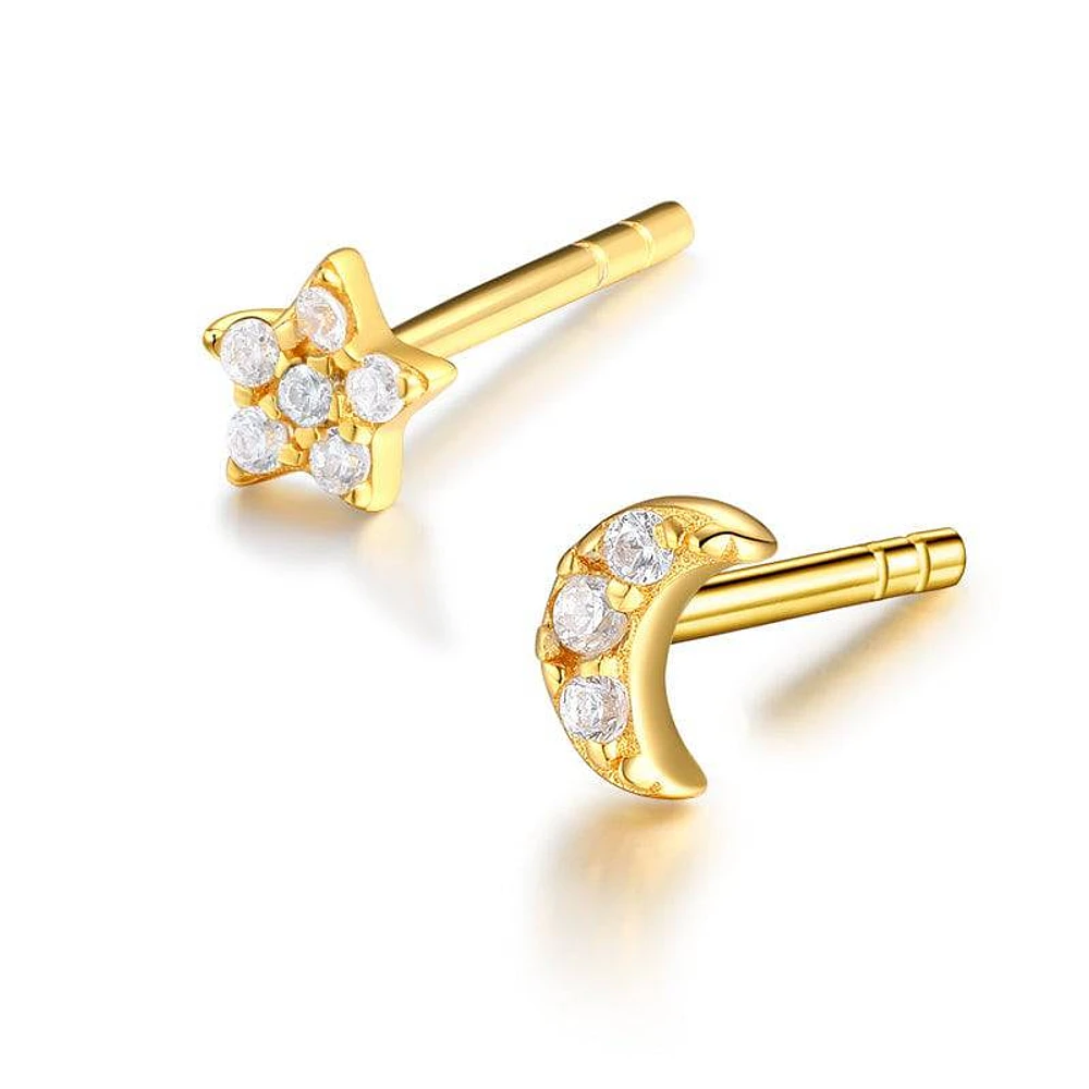 Pair of 925 Sterling Silver Gold PVD Tiny Dainty White CZ Star & Moon Minimal Earrings