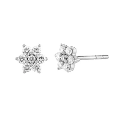 Pair of 925 Sterling Silver Large White CZ Diamond Flower Minimal Earrings