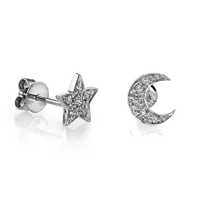 Pair of 925 Sterling Silver Large White CZ Star & Moon Minimal Earrings