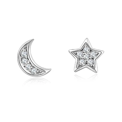 Pair of 925 Sterling Silver Medium White CZ Star & Moon Minimal Earrings