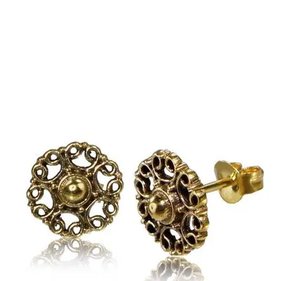Pair of Brass Antique Flower Pattern Tribal Stud Earrings