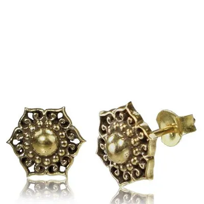 Pair of Brass Antique Flower Sunburst Tribal Stud Earrings