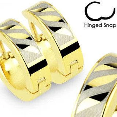 Pair of Gold Plated 3 Striped Design Hinged Snap On Hoop Earrings