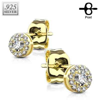 Pair of Gold Plated 925 Sterling Silver Small White Paved Circle Earring Studs