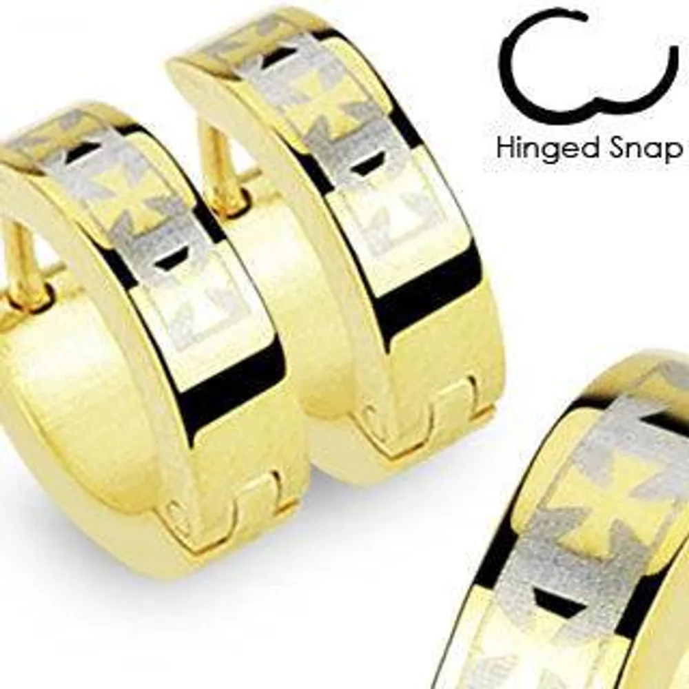 Pair of Gold Plated Hinged Snap On Mid evil Cross Design Hoop Earrings