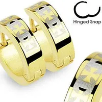 Pair of Gold Plated Hinged Snap On Mid evil Cross Design Hoop Earrings