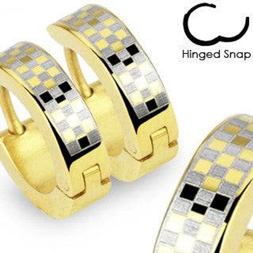 Pair of Gold Plated Stainless Steel Checkered Design Hinged Snap On Hoop Earrings