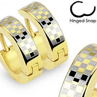 Pair of Gold Plated Stainless Steel Checkered Design Hinged Snap On Hoop Earrings