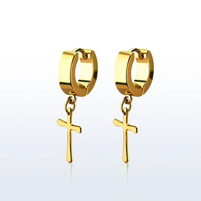 Pair of Gold Plated Surgical Steel Dangling Cross Hoop Earrings