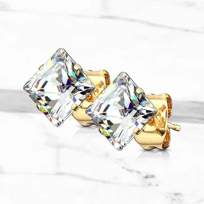 Pair of Gold Plated Surgical Steel Square Clear Prong Set Earring Studs