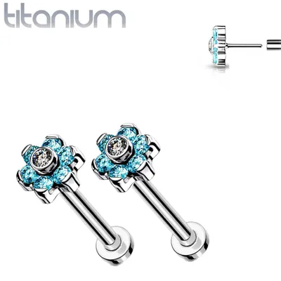 Pair of Implant Grade Titanium Threadless Aqua CZ Flower Earring Studs with Flat Back