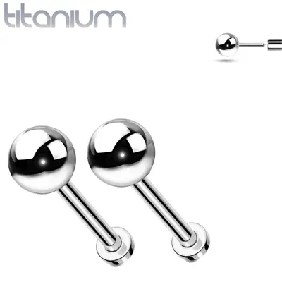 Pair of Implant Grade Titanium Threadless Ball Top Earring Studs with Flat Back