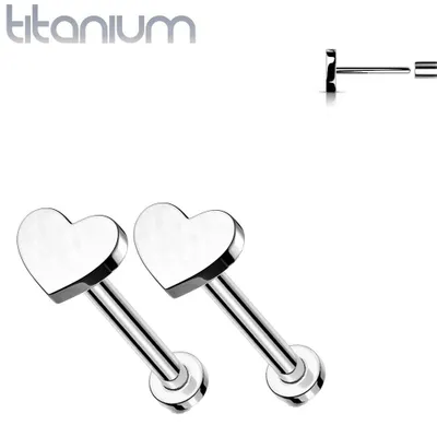 Pair of Implant Grade Titanium Threadless Small Dainty Heart Earring Studs with Flat Back