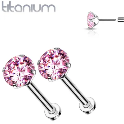 Pair of Implant Grade Titanium Threadless Pink CZ Earring Studs with Flat Back