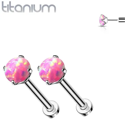 Pair of Implant Grade Titanium Threadless Pink Opal Earring Studs with Flat Back
