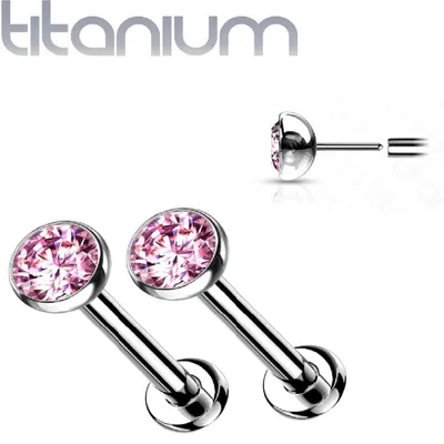 Pair of Implant Grade Titanium Threadless Stud Pink Bezel Earrings with Flat Back