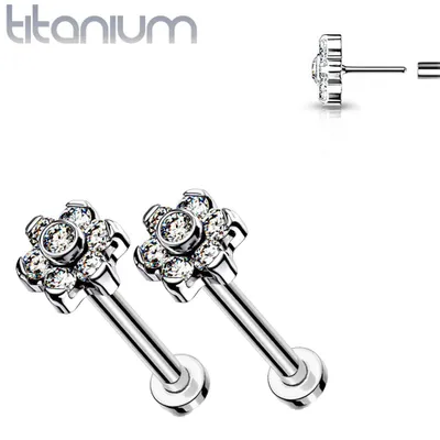 Pair of Implant Grade Titanium Threadless White CZ Flower Earring Studs with Flat Back