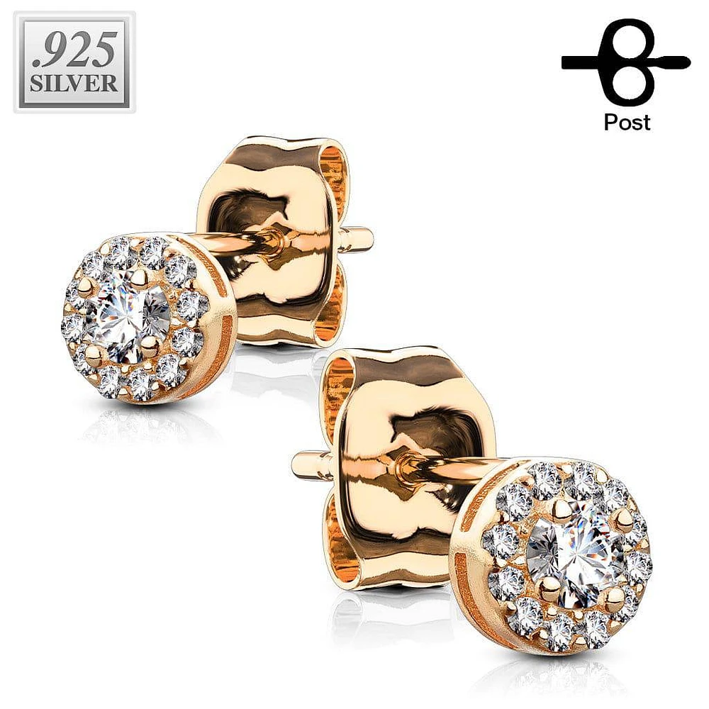 Pair of Rose Gold Plated 925 Sterling Silver Small White Paved Circle Earring Studs