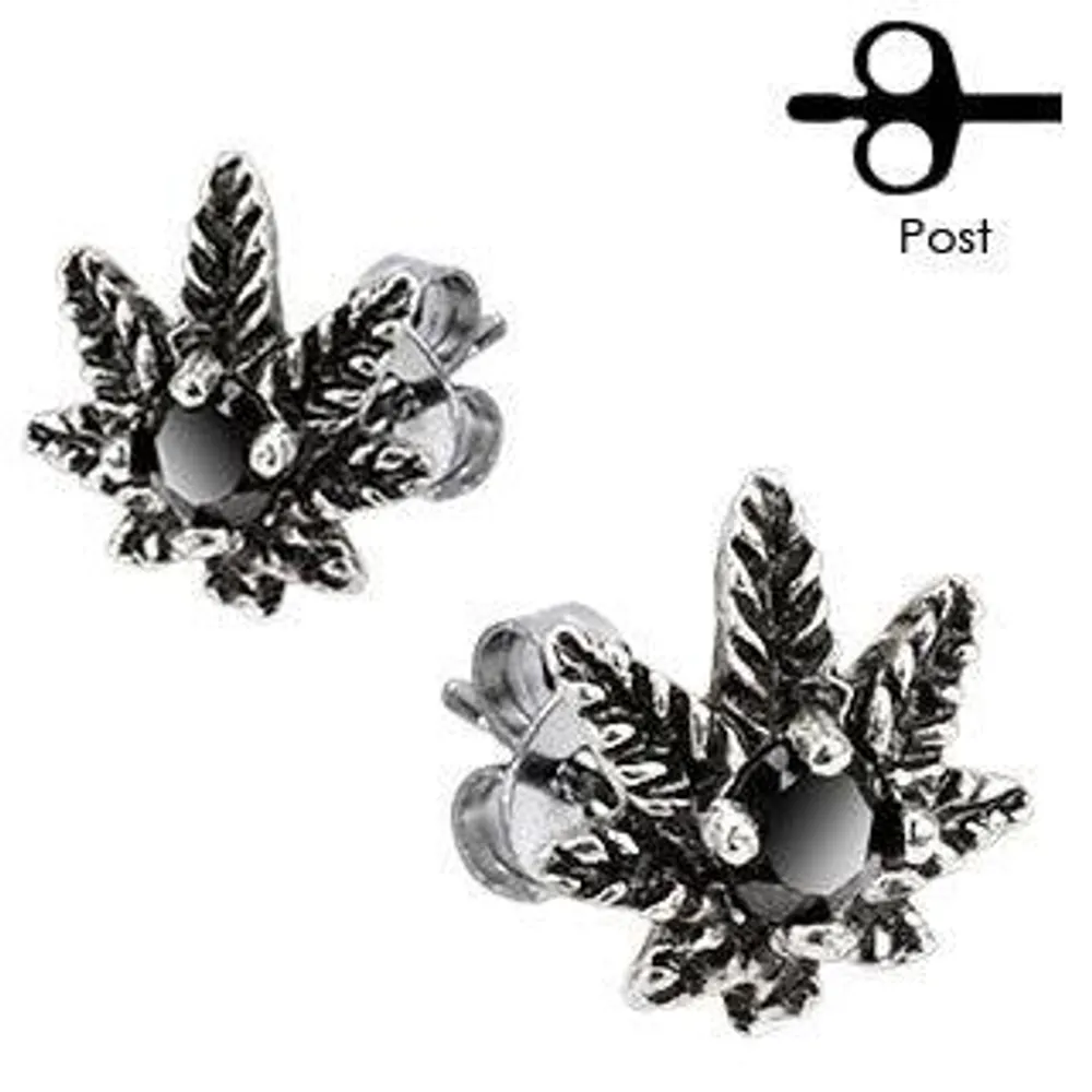 Pair of Stainless Steel Black Weed Pot Leaf Stud Earrings