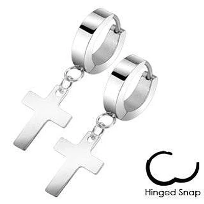 Pair of Stainless Steel Cross Crucifix Dangling Hinged Snap On Hoop Earrings
