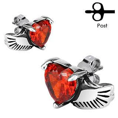 Pair of Stainless Steel Red CZ Heart with Wings Stud Earrings