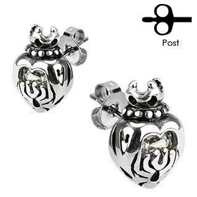 Pair of Stainless Steel White CZ Gem Heart and Crown Tribal Stud Earrings