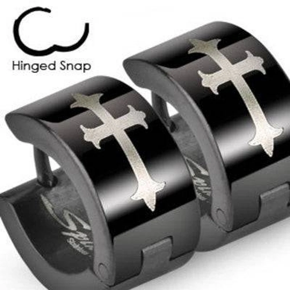 Pair of Surgical Steel Black Hoops with Medieval Cross Hinged Snap Earrings