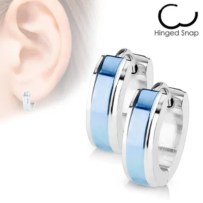 Pair of Surgical Steel Hoop Earrings with Blue Stripe Centre