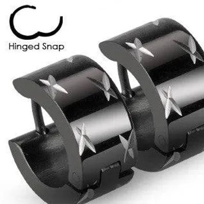 Pair of Thick Black Surgical Stainless Steel Barbed Wire Design Hinged Snap On Hoop Earrings