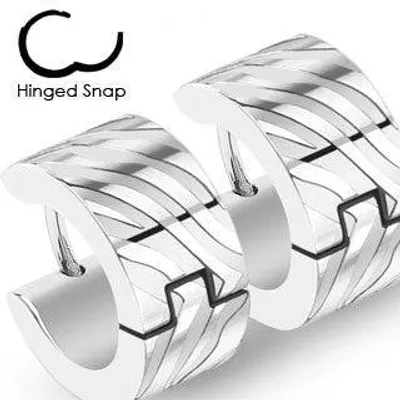 Pair of Thick Stainless Steel Striped Design Hinged Snap On Hoop Earrings