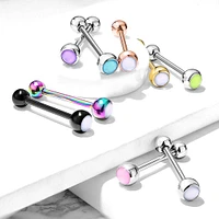 Rainbow Plated Surgical Steel White Gem Tongue Ring Straight Barbell