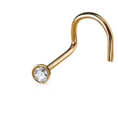 Rose Gold IP Surgical Steel Corkscrew White CZ Nose Stud